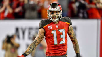 TAMPA, FL - DECEMBER 18: Tampa Bay Buccaneers wide receiver Mike Evans (13) reacts to his touchdown reception during an NFL game between the Atlanta Falcons and the Tampa Bay Buccaneers on December 18, 2017, at Raymond James Stadium in Tampa, FL. The Falcons defeated the Bucs 24-21. (Photo by Roy K. Miller/Icon Sportswire via Getty Images)