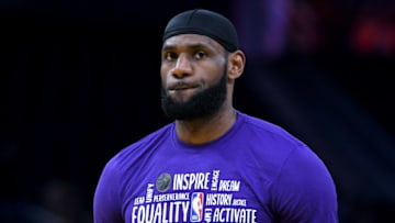 SAN FRANCISCO, CALIFORNIA - FEBRUARY 08: LeBron James #23 of the Los Angeles Lakers looks on while warming up prior to the start of an NBA basketball game against the Golden State Warriors at Chase Center on February 08, 2020 in San Francisco, California. NOTE TO USER: User expressly acknowledges and agrees that, by downloading and or using this photograph, User is consenting to the terms and conditions of the Getty Images License Agreement. (Photo by Thearon W. Henderson/Getty Images)