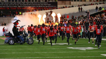 Nov 26, 2022; Lubbock, Texas, USA; The Texas Tech Red Raiders enter the field before a game against the Oklahoma Sooners at Jones AT&T Stadium and Cody Campbell Field. Mandatory Credit: Michael C. Johnson-USA TODAY Sports