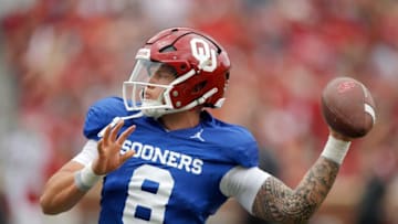 Oklahoma's Dillon Gabriel (8) warms up before the University of Oklahoma's annual spring football game at Gaylord Family-Oklahoma Memorial Stadium in Norman, Okla., Saturday, April 23, 2022.Ou Sooners Spring Football Game