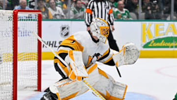 Mar 23, 2023; Dallas, Texas, USA; Pittsburgh Penguins goaltender Casey DeSmith (1) in action during the game between the Dallas Stars and the Pittsburgh Penguins at American Airlines Center. Mandatory Credit: Jerome Miron-USA TODAY Sports