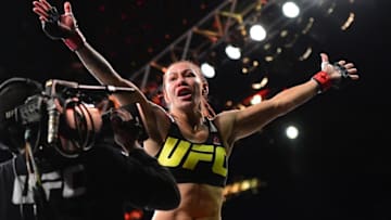 May 14, 2016; Curitiba, Brazil; Cris Justino (red) reacts after defending Leslie Smith (not pictured) during UFC Fight Night at Arena Atletico Paranaense. Mandatory Credit: Jason Silva-USA TODAY Sports