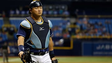 Jun 30, 2016; St. Petersburg, FL, USA; Tampa Bay Rays catcher Hank Conger (24) at Tropicana Field. Detroit Tigers defeated the Tampa Bay Rays 10-7. Mandatory Credit: Kim Klement-USA TODAY Sports