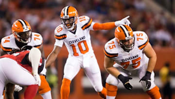 Aug 18, 2016; Cleveland, OH, USA; Cleveland Browns quarterback Robert Griffin III (10) calls out a play at the line of scrimmage during the second quarter against the Atlanta Falcons at FirstEnergy Stadium. Mandatory Credit: Scott R. Galvin-USA TODAY Sports