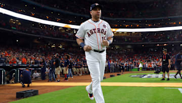 HOUSTON, TX - OCTOBER 27: Carlos Beltran #15 of the Houston Astros takes the field during player introductions prior to Game 3 of the 2017 World Series against the Los Angeles Dodgers at Minute Maid Park on Friday, October 27, 2017 in Houston, Texas. (Photo by Alex Trautwig/MLB Photos via Getty Images)
