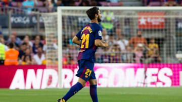 Barcelona's Portuguese midfielder Andre Gomes reacts during the team presentation after the Joan Gamper trophy match between FC Barcelona vs Chapecoense at Camp Nou Stadium on August 7th, 2017 in Barcelona, Spain. (Photo by Xavier Bonilla/NurPhoto via Getty Images)