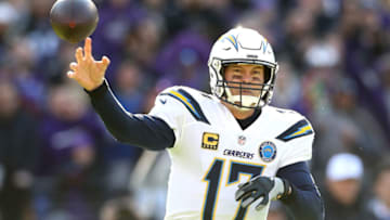 BALTIMORE, MARYLAND - JANUARY 06: Philip Rivers #17 of the Los Angeles Chargers throws a pass against the Baltimore Ravens during the first quarter in the AFC Wild Card Playoff game at M&T Bank Stadium on January 06, 2019 in Baltimore, Maryland. (Photo by Rob Carr/Getty Images)