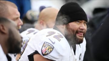 Jan 12, 2013; Denver, CO, USA; Baltimore Ravens tackle Haloti Ngata (92) on the sidelines during the second quarter of the AFC divisional round playoff game against the Denver Broncos at Sports Authority Field. The Ravens won 38-35 in double overtime. Mandatory Credit: Chris Humphreys-USA TODAY Sports