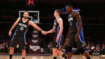 LOS ANGELES, CA - MARCH 08: Evan Fournier #10 and Mario Hezonja #23 of the Orlando Magic celebrate after a play during the NBA game against the Los Angeles Lakers at Staples Center on March 8, 2016 in Los Angeles, California. NOTE TO USER: User expressly acknowledges and agrees that, by downloading and or using this photograph, User is consenting to the terms and conditions of the Getty Images License Agreement. (Photo by Victor Decolongon/Getty Images)