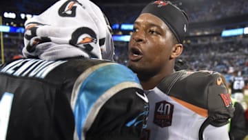 Jan 3, 2016; Charlotte, NC, USA; Carolina Panthers quarterback Cam Newton (1) and Tampa Bay Buccaneers quarterback Jameis Winston (3) after the game. The Panthers defeated the Buccaneers 38-10 at Bank of America Stadium. Mandatory Credit: Bob Donnan-USA TODAY Sports