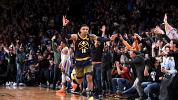 DENVER, CO - FEBRUARY 1: Gary Harris #14 of the Denver Nuggets celebrates after hitting the game winning shot against the Oklahoma City Thunder on February 1, 2018 at the Pepsi Center in Denver, Colorado. NOTE TO USER: User expressly acknowledges and agrees that, by downloading and/or using this Photograph, user is consenting to the terms and conditions of the Getty Images License Agreement. Mandatory Copyright Notice: Copyright 2018 NBAE (Photo by Garrett Ellwood/NBAE via Getty Images)