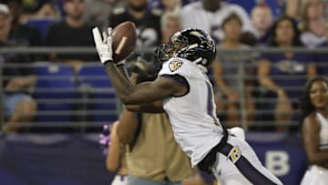 Aug 27, 2016; Baltimore, MD, USA; Baltimore Ravens wide receiver Jeremy Butler (17) catches a pass from quarterback Ryan Mallett (not pictured) for a touchdown during the second quarter against the Detroit Lions at M&T Bank Stadium. Mandatory Credit: Tommy Gilligan-USA TODAY Sports
