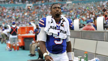 Sep 27, 2015; Miami Gardens, FL, USA; Buffalo Bills quarterback Tyrod Taylor (5) reacts on the sideline during the first half against the Miami Dolphins t Sun Life Stadium. Mandatory Credit: Steve Mitchell-USA TODAY Sports
