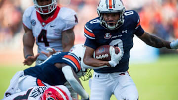 Auburn football wide receiver Demetris Robertson (0) carries the ball against Georgia at Jordan-Hare Stadium in Auburn, Ala., on Saturday, Oct. 9, 2021.Auga07