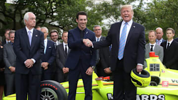 WASHINGTON, DC - JUNE 10: U.S. President Donald Trump stands with Indianapolis 500 winning driver, Simon Pagenaud (C) and Team Penske owner, Roger Penske (L) during a ceremony to honor the driver at the White House on June 10, 2019 in Washington, DC. Pagenaud is the first French driver to win the Indy 500 in more than a century. (Photo by Mark Wilson/Getty Images)