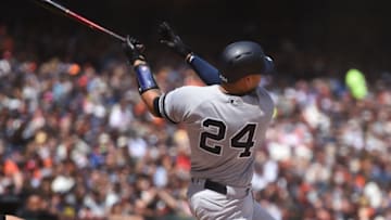 SAN FRANCISCO, CA - APRIL 27: New York Yankees catcher Gary Sanchez (24) hits a grand slam in the top of the fifth inning during the Major League Baseball game between the New York Yankees and the San Francisco Giants at Oracle Park on April 27, 2019 in San Francisco, CA. (Photo by Cody Glenn/Icon Sportswire via Getty Images)