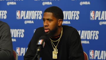 HOUSTON, TX - APRIL 24 : Royce O'Neale #23 of the Utah Jazz talks to the media following Game Five of Round One of the 2019 NBA Playoffs against the Houston Rockets on April 24, 2019 at the Toyota Center in Houston, Texas. NOTE TO USER: User expressly acknowledges and agrees that, by downloading and or using this photograph, User is consenting to the terms and conditions of the Getty Images License Agreement. Mandatory Copyright Notice: Copyright 2019 NBAE (Photo by Bill Baptist/NBAE via Getty Images)