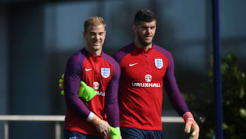 ENFIELD, ENGLAND - MARCH 25: (L-R) England goalkeepers Joe Hart and Fraser Forster look on during the England training session at the Tottenham Hotspur Training Centre on March 25, 2017 in Enfield, England. (Photo by Michael Regan - The FA/The FA via Getty Images)