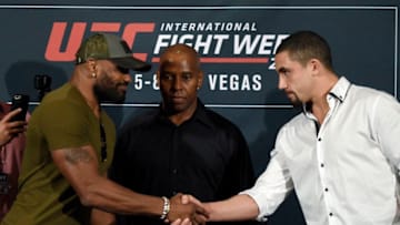 LOS ANGELES, CA - JUNE 29:Yoel Romero (L) and Robert Whittaker face off during the UFC International Fight Week Media Day June 29, 2017, in Los Angeles, California. (Photo by Kevork Djansezian/Zuffa LLC via Getty Images)