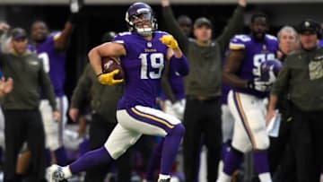 MINNEAPOLIS, MN - NOVEMBER 19: Adam Thielen #19 of the Minnesota Vikings runs with the ball for a 65 yard touchdown in the fourth quarter of the game against the Los Angeles Rams on November 19, 2017 at U.S. Bank Stadium in Minneapolis, Minnesota. (Photo by Hannah Foslien/Getty Images)