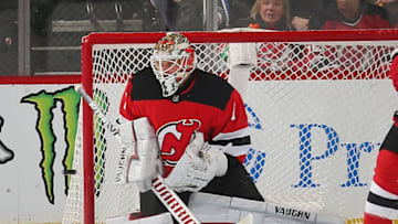 NEWARK, NJ - FEBRUARY 05: Keith Kinkaid #1 of the New Jersey Devils defends his net against the Los Angeles Kings during the game at Prudential Center on February 5, 2019 in Newark, New Jersey. (Photo by Andy Marlin/NHLI via Getty Images)