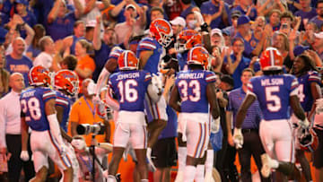 Florida Gators cornerback Jalen Kimber (8) celebrates with teammates after scoring on a pick six in the first half against the USF Bulls at Steve Spurrier Field at Ben Hill Griffin Stadium in Gainesville, FL on Saturday, September 17, 2022. [Doug Engle/Gainesville Sun]Ncaa Football Florida Gators Vs Usf