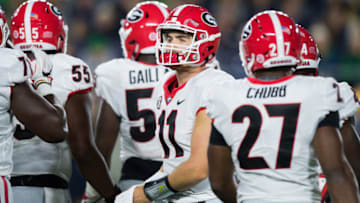 SOUTH BEND, IN - SEPTEMBER 09: Georgia Bulldogs quarterback Jake Fromm (11) looks to the sidelines during the college football game between the Notre Dame Fighting Irish and Georgia Bulldogs on September 9, 2017, at Notre Dame Stadium in South Bend, IN. (Photo by Zach Bolinger/Icon Sportswire via Getty Images)