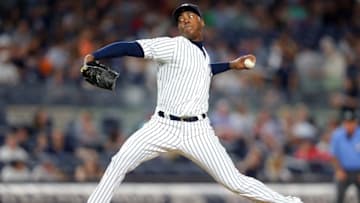 Jun 6, 2016; Bronx, NY, USA; New York Yankees relief pitcher Aroldis Chapman (54) pitches against the Los Angeles Anglels during the ninth inning at Yankee Stadium. The Yankees defeated the Angels 5-2. Mandatory Credit: Brad Penner-USA TODAY Sports