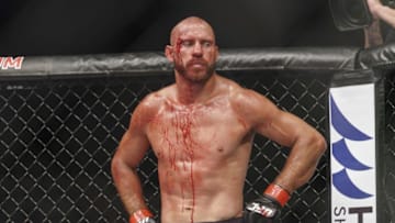 UFC mixed martial arts (MMA) fighter Donald 'Cowboy' Cerrone of the US looks on after a fight against Leon 'Rocky' Edwards (no in picture) of Britain during the UFC Fight night in Singapore on June 23, 2018. - A sick US mixed martial arts star Donald "Cowboy" Cerrone failed in his bid to make history in Singapore on June 23 after he was beaten by his younger British opponent via unanimous decision. (Photo by Nicholas YEO / AFP) (Photo credit should read NICHOLAS YEO/AFP/Getty Images)