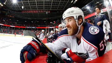 CALGARY, AB - DECEMBER 16: David Savard #58 of the Columbus Blue Jackets plays against the Calgary Flames during an NHL game on December 16, 2016 at the Scotiabank Saddledome in Calgary, Alberta, Canada. (Photo by Gerry Thomas/NHLI via Getty Images)"