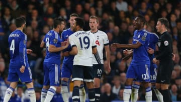 LONDON, ENGLAND - MAY 02 : Diego Costa of Chelsea and Mousa Dembele of Tottenham Hotspur clash during the Barclays Premier League match between Chelsea and Tottenham Hotspur at Stamford Bridge on May 2, 2016 in London, England. (Photo by Catherine Ivill - AMA/Getty Images)
