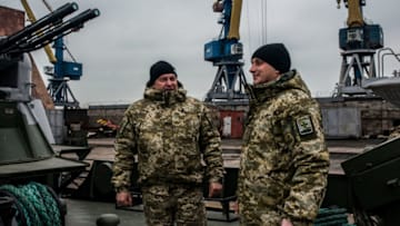 MARIUPOL, UKRAINE - NOVEMBER 28: Ukrainian sea border security force officers mobilise on the Azov Sea on November 28, 2018 in Mariupol, Ukraine. Ukrainain President Poroshenko has declared martial law in response to the attacking and seizing of three Ukrainian naval vessels by Russian forces. (Photo by Martyn Aim/Getty Images)