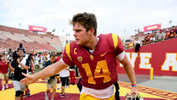 LOS ANGELES, CA - SEPTEMBER 02: Sam Darnold #14 of the USC Trojans leaves the field after a 49-31 win over the Western Michigan Broncos at Los Angeles Memorial Coliseum on September 2, 2017 in Los Angeles, California. (Photo by Harry How/Getty Images)