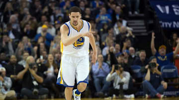 Mar 7, 2016; Oakland, CA, USA; Golden State Warriors guard Klay Thompson (11) celebrates after a three point basket against the Orlando Magic during the second quarter at Oracle Arena. Mandatory Credit: Kelley L Cox-USA TODAY Sports