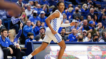 Feb 12, 2022; Lexington, Kentucky, USA; Kentucky Wildcats guard TyTy Washington Jr. (3) runs down the court after making a three point basket during the second half against the Florida Gators at Rupp Arena at Central Bank Center. Mandatory Credit: Jordan Prather-USA TODAY Sports