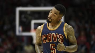 May 20, 2015; Atlanta, GA, USA; Cleveland Cavaliers guard J.R. Smith (5) reacts during the fourth quarter of game one of the Eastern Conference Finals of the NBA Playoffs against the Atlanta Hawks at Philips Arena. Mandatory Credit: Dale Zanine-USA TODAY Sports