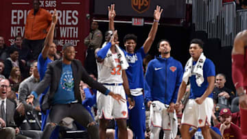 CLEVELAND, OH - FEBRUARY 11: New York Knicks react form the bench during the game against the Cleveland Cavaliers on February 11, 2019 at Quicken Loans Arena in Cleveland, Ohio. NOTE TO USER: User expressly acknowledges and agrees that, by downloading and/or using this photograph, user is consenting to the terms and conditions of the Getty Images License Agreement. Mandatory Copyright Notice: Copyright 2019 NBAE (Photo by David Liam Kyle/NBAE via Getty Images)