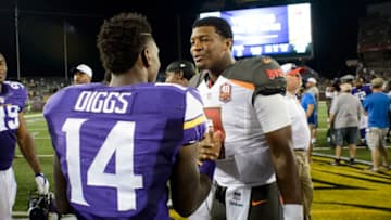 MINNEAPOLIS, MN - AUGUST 15: Stefon Diggs #14 of the Minnesota Vikings and Jameis Winston #3 of the Tampa Bay Buccaneers shake hands after the preseason game on August 15, 2015 at TCF Bank Stadium in Minneapolis, Minnesota. The Vikings defeated the Buccaneers 26-16. (Photo by Hannah Foslien/Getty Images)