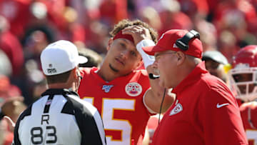 KANSAS CITY, MO - OCTOBER 13: Kansas City Chiefs head coach Andy Reid argues with referee Shawn Hochuli (83) after a pass interference call was reversed by the officials in the second quarter of an NFL matchup between the Houston Texans and Kansas City Chiefs on October 13, 2019 at Arrowhead Stadium in Kansas City, MO. The play resulted in quarterback Patrick Mahomes (15) first interception of the year. (Photo by Scott Winters/Icon Sportswire via Getty Images)