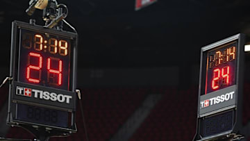 Jul 8, 2016; Las Vegas, NV, USA; Swiss watch maker Tissot debuts new shot clock technology on the first day of the NBA Summer League at Thomas & Mack Center that is to be standard in all NBA arenas for the upcoming season. Mandatory Credit: Stephen R. Sylvanie-USA TODAY Sports