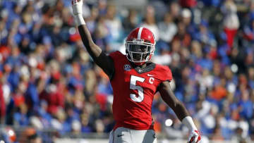 Nov 1, 2014; Jacksonville, FL, USA; Georgia Bulldogs cornerback Damian Swann (5) reacts against the Florida Gators during the first half at EverBank Field. Mandatory Credit: Kim Klement-USA TODAY Sports