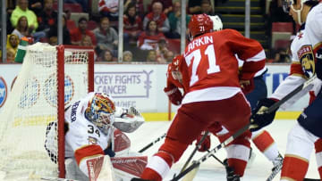 Oct 30, 2016; Detroit, MI, USA; Florida Panthers goalie James Reimer (34) makes a save during the third period against Detroit Red Wings at Joe Louis Arena. Mandatory Credit: Tim Fuller-USA TODAY Sports