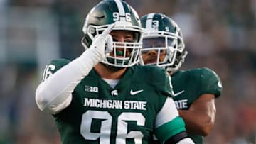 Sep 25, 2021; East Lansing, Michigan, USA; Michigan State Spartans defensive end Jacub Panasiuk (96) reacts after a play against the Nebraska Cornhuskers during the first quarter at Spartan Stadium. Mandatory Credit: Raj Mehta-USA TODAY Sports