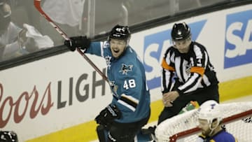 May 19, 2016; San Jose, CA, USA; San Jose Sharks center Tomas Hertl (48) celebrates after scoring a goal against the St. Louis Blues during the third period in game three of the Western Conference Final of the 2016 Stanley Cup Playoffs at SAP Center at San Jose. Mandatory Credit: John Hefti-USA TODAY Sports