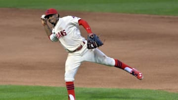 Jun 20, 2016; Cleveland, OH, USA; Cleveland Indians shortstop Francisco Lindor (12) throws to first base in the seventh inning against the Tampa Bay Rays at Progressive Field. Mandatory Credit: David Richard-USA TODAY Sports