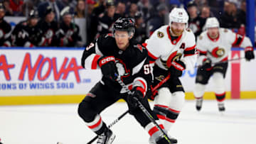 Apr 13, 2023; Buffalo, New York, USA; Ottawa Senators right wing Claude Giroux (28) watches as Buffalo Sabres left wing Jeff Skinner (53) takes a shot on goal during the second period at KeyBank Center. Mandatory Credit: Timothy T. Ludwig-USA TODAY Sports