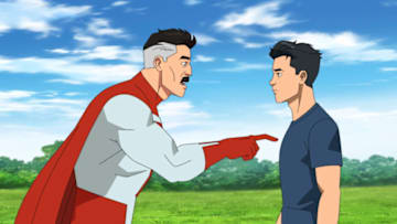 Invincible - Episode 101 - "It's About Time" -- Description: Pictured (L-R): J.K. Simmons (Omni-Man), Steven Yeun (Mark Grayson) -- Credit: Courtesy of Amazon Studios