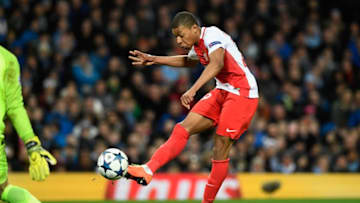 MANCHESTER, ENGLAND - FEBRUARY 21: Kylian Mbappe of AS Monaco scores their second goal during the UEFA Champions League Round of 16 first leg match between Manchester City FC and AS Monaco at Etihad Stadium on February 21, 2017 in Manchester, United Kingdom. (Photo by Stu Forster/Getty Images)