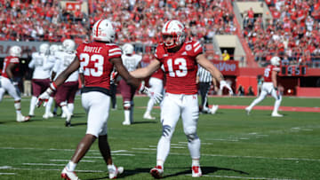 LINCOLN, NE - OCTOBER 27: Defensive back Dicaprio Bootle #23 of the Nebraska Cornhuskers and defensive back JoJo Domann #13 celebrate a turnover against the Bethune Cookman Wildcats at Memorial Stadium on October 27, 2018 in Lincoln, Nebraska. (Photo by Steven Branscombe/Getty Images)