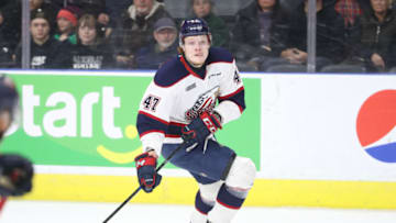 LONDON, ON - MARCH 09: Owen Tippett #47 of the Saginaw Spirit skates with the puck in the first period during OHL game action against the London Knights at Budweiser Gardens on March 9, 2019 in London, Canada. (Photo by Tom Szczerbowski/Getty Images)
